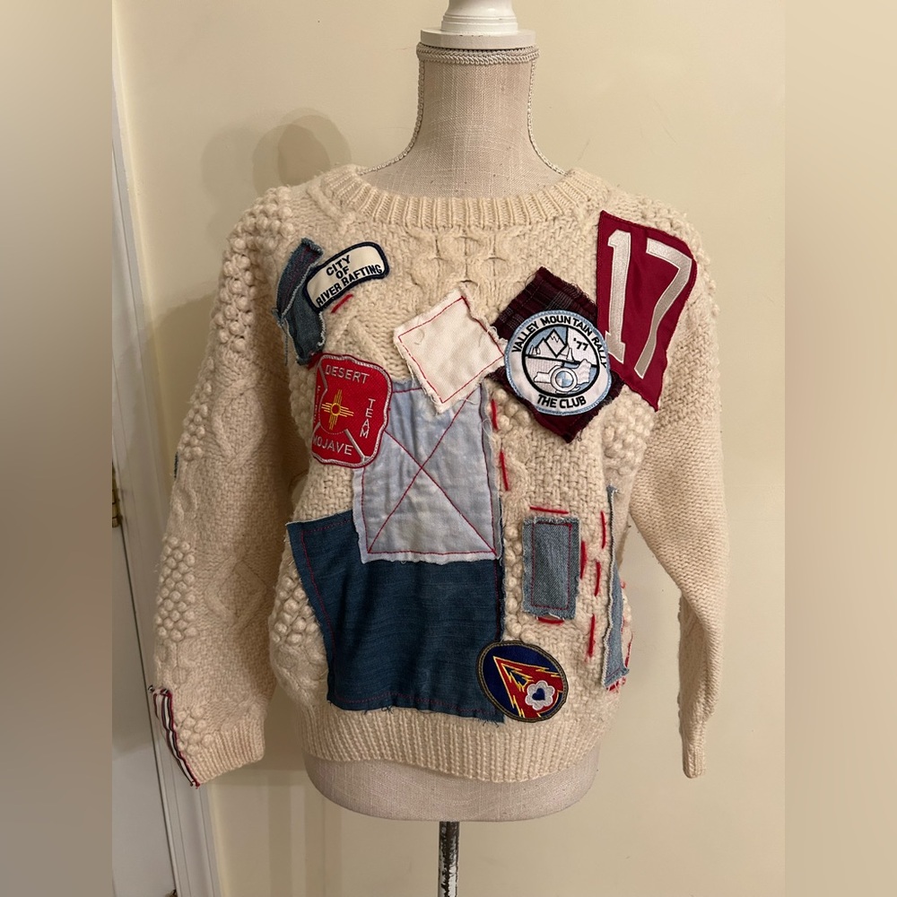 Free People Riley 1880 VINTAGE PATCHED UP SWEATER Patchwork Wool size L - Picture 3 of 13